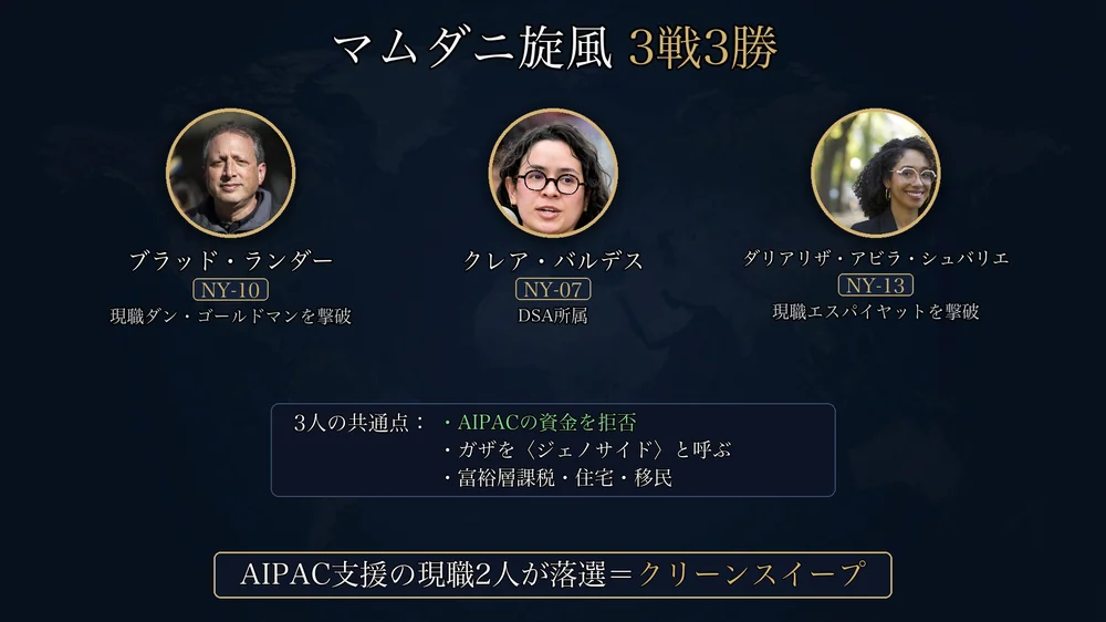 マムダニ旋風3戦3勝の図解（ランダー・バルデス・シュバリエの3候補）