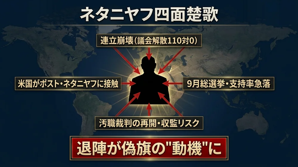ネタニヤフ四面楚歌の図解（連立崩壊・9月総選挙・汚職裁判・米国のポストネタニヤフ接触）