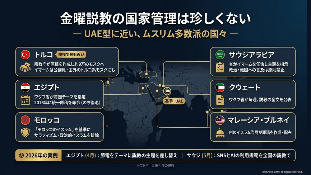 金曜説教を国が管理するムスリム多数派の国々