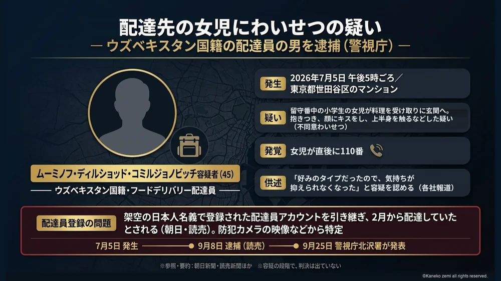 世田谷区のフードデリバリー配達員による事件と架空名義アカウント