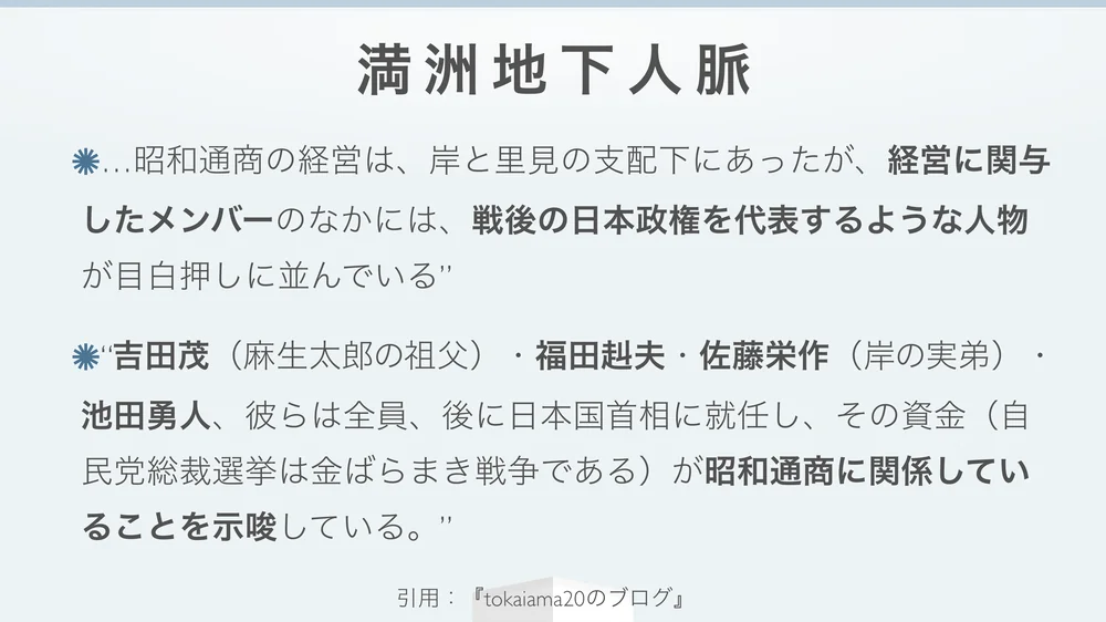 満洲地下人脈 首相経験者が並ぶ