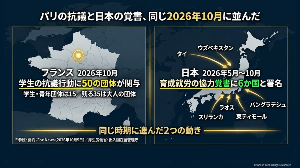 パリの抗議と日本の覚書、同じ2026年10月に並んだ