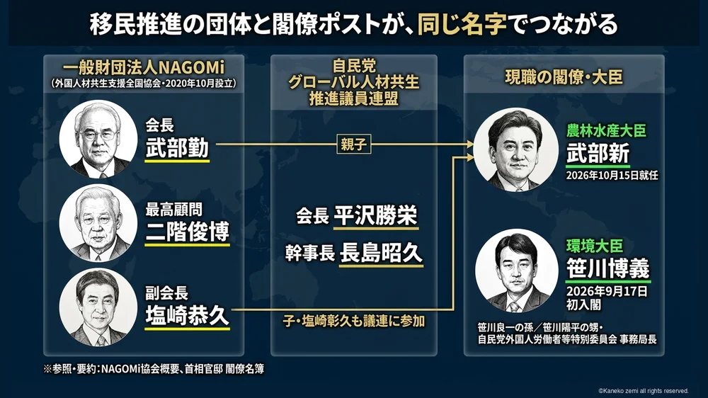 移民推進の団体と閣僚ポストが、同じ名字でつながる