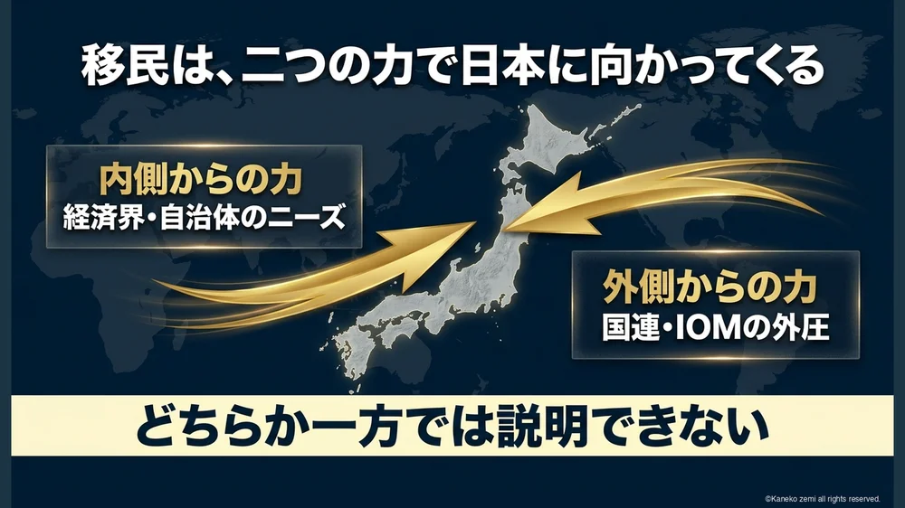 移民は、二つの力で日本に向かってくる